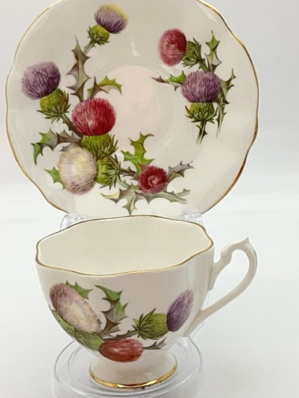 THISTLE TEACUP SAUCER Set, Crown Logo, Fine Bone China, England, Footed